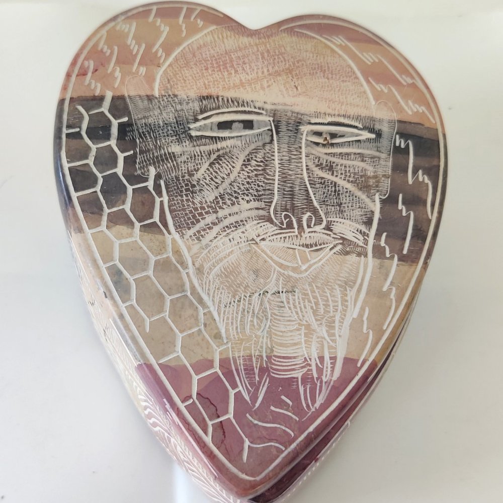 Stone Jewelry Trinket Box Hand Carved Painted Made in Kenya Vintage Hear…